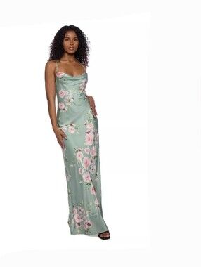 Alex & Sophia sage green pink floral Satin effect Cowlneck maxi dress size 5/6
